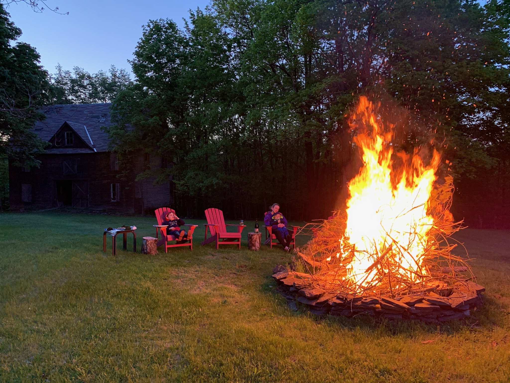 Bonfire at dusk with the barn — Elliot Place