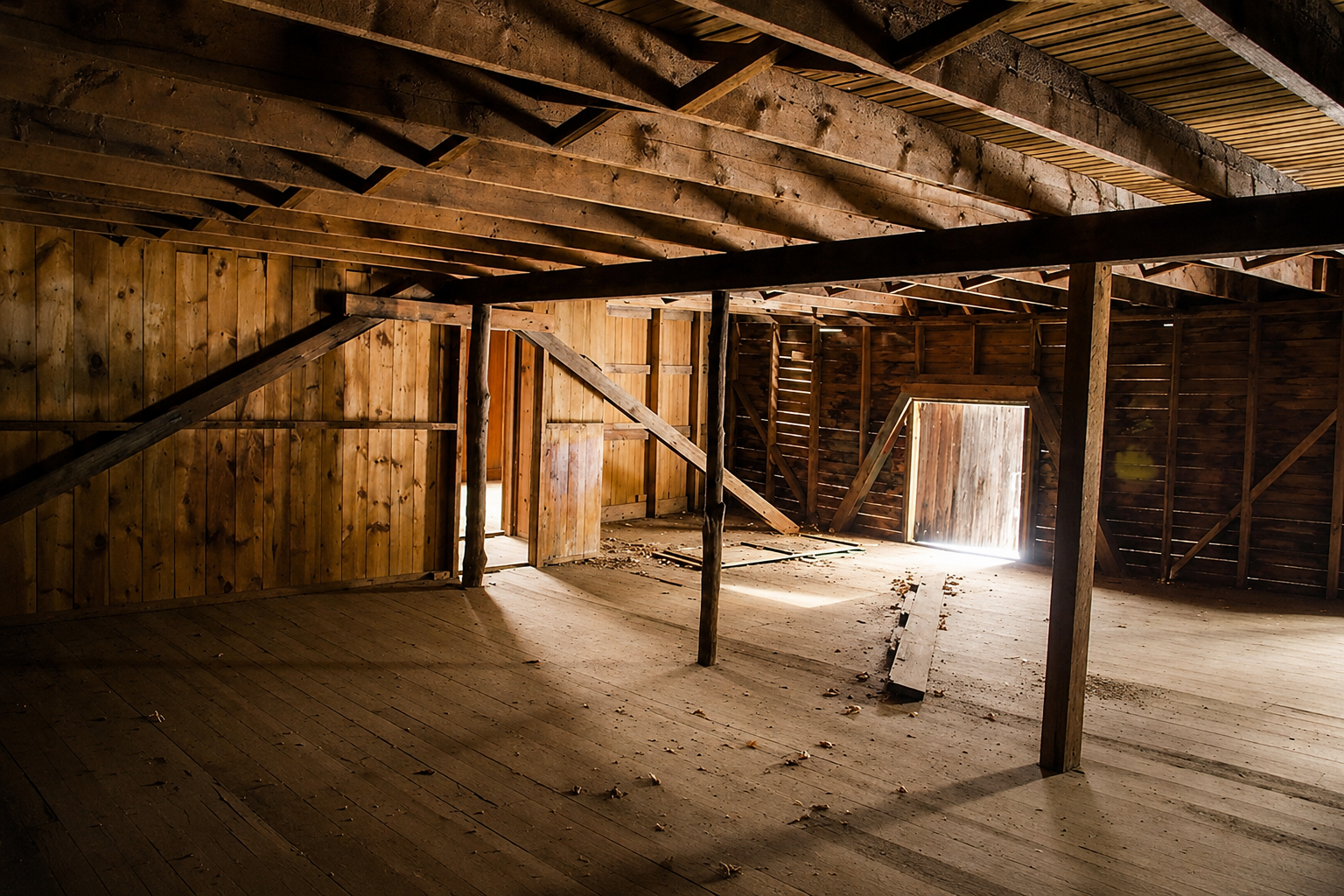 Interior of the three-story barn showing original hand-hewn timber beams and loft